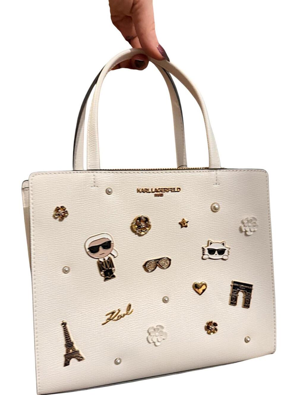 Karl Lagerfeld Paris Snow White Multi Icon Satchel Tote Bag NWT Pearl Karl Cat
